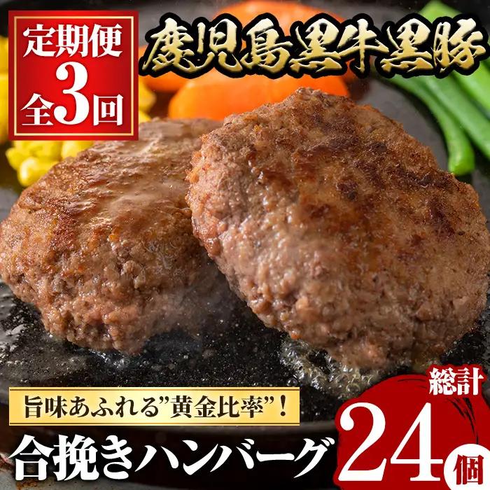 ＜定期便・全3回(連続)＞鹿児島黒牛黒豚ハンバーグ(8個・計1.04kg×3回) 国産 九州産 鹿児島県産 お肉 ぶた ブタ 豚肉 牛肉 ミンチ パック 小分け 冷凍 冷凍ハンバーグ 定期便 頒布会 毎月 おかず 惣菜 調理 お弁当【さつま屋産業】_y445-B