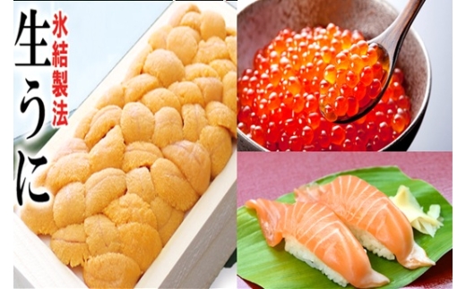 D-71067 冷凍エゾバフンウニ100g×1折(赤系)、いくら醤油漬け(鱒卵)100g×1P、お刺身サーモン300g～500g(1～3本)[11月中旬以降発送]