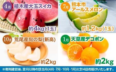 【 年 4回 定期便 】 熊本県 人気 フルーツ 4回 定期便 4月 ・ 7月 ・ 10月 ・ 1月 果物 くだもの 旬 大玉 スイカ すいか 西瓜 メロン めろん アールス メロン 梨 ナシ 新高 