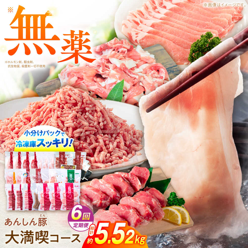【ふるさと納税】【6回定期便】 あんしん豚 豚肉大満喫コース 計5.52kg ロース しゃぶしゃぶ テキカツ 小間切れ ミンチ 味付き ウインナー 豚 大容量 白川町 / 藤井ファーム[AWAF073]