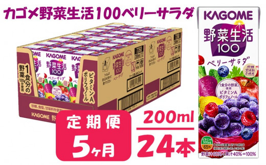 【 定期便 5ヶ月 】 カゴメ 野菜生活100 ベリーサラダ 200ml×24本 ジュース 野菜 果実ミックスジュース 果汁飲料 紙パック 砂糖不使用 4食分の野菜 鉄分 ポリフェノール ビタミンA 飲料類 ドリンク 野菜ドリンク 備蓄 長期保存 防災 飲みもの