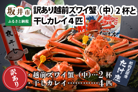 【先行予約】訳あり≪茹で≫越前ズワイ蟹(中) 2杯 と 干しカレイ 4匹【2024年1月～3月発送予定】 [L-1601]