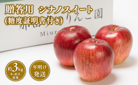 【レビューキャンペーン】【1~2月発送】贈答用シナノスイート約3kg（糖度証明書付き)　【青森県 平川市 那由多のりんご園】贈答 青森 青森県産 平川 りんご リンゴ 林檎 くだもの 果物 フルーツ 【hi-0005-040】