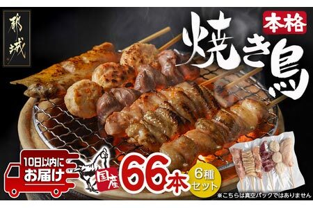 職人串打ちの本格焼き鳥66本!!≪みやこんじょ特急便≫_MJ-3312-Q_(都城市) 焼鳥串 生冷凍串 冷凍生肉 もも 皮 手羽 小肉 砂肝 ぼんじり ねぎま ハラミ せせり つくね ふりそで 6本入り 11P 計2.1kg BBQ