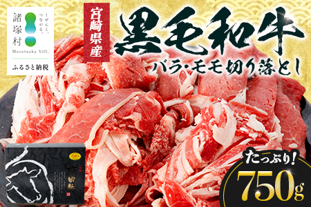 宮崎県産 黒毛和牛 バラ・モモ切り落とし 約750g×1P 冷凍｜国産牛 牛肉 お肉 切り落とし スライス バラ モモ パック 化粧箱入り 有田牧畜産業 宮崎県 諸塚村 AR-01