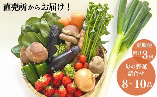 直売所からお届け! 旬の野菜セット【隔月3回お届け】（8～10品詰め合わせ）新鮮な野菜直送 定期便【大根･白菜･春菊･アスパラ菜･しいたけ･ほうれん草･ふきのとう･タラの芽･山菜･にんじん･イチゴ･トマト･きゅうり･ピーマン･ジャガイモ･玉ねぎ･オクラ･枝豆･トウモロコシ･なす･生きくらげ･長ネギ･サツマイモ･里芋】