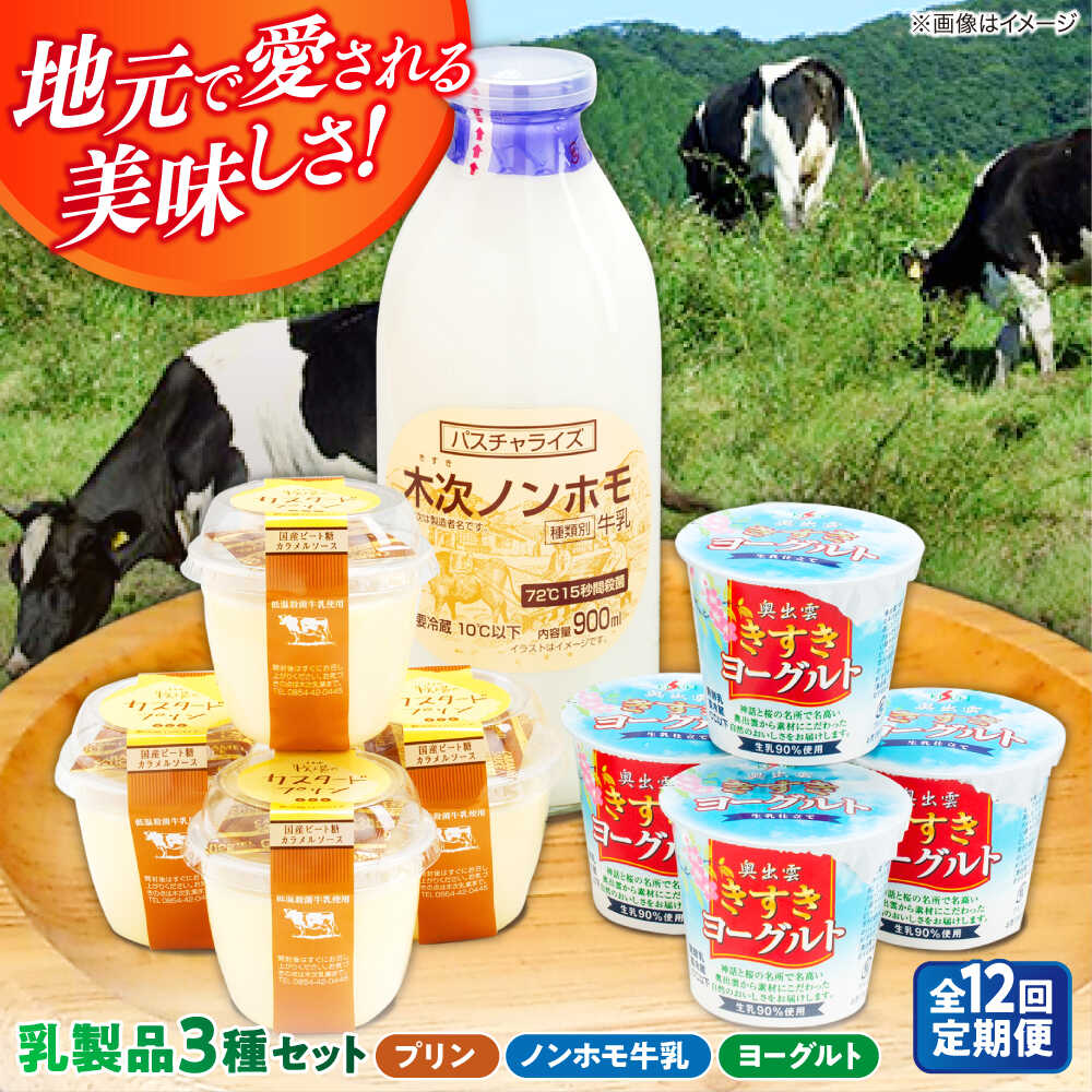 【ふるさと納税】【全12回定期便】プリン 朝食やおやつに！プリン・ヨーグルト・ノンホモ牛乳 乳製品3種セット 詰め合わせ 詰合せ 食べ比べ 飲み比べ お取り寄せ グルメ 人気 おすすめ スイーツ デザート 12ヶ月 12回 1年 定期便 島根県雲南市/木次乳業有限会社[AIBH007]