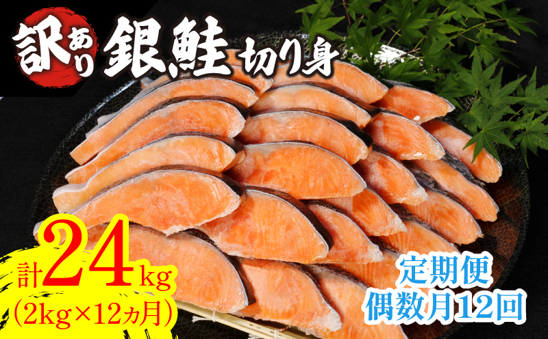 定期便 12回 毎月 訳あり 鮭 切り身 2kg×12回 計24kg 冷凍 切身 サイズ 不揃い 規格外 サケ シャケ 塩銀鮭 人気の海鮮返礼品 カマ サーモン 魚 家庭用 おかず 【北海道･沖縄･離島への配送不可】