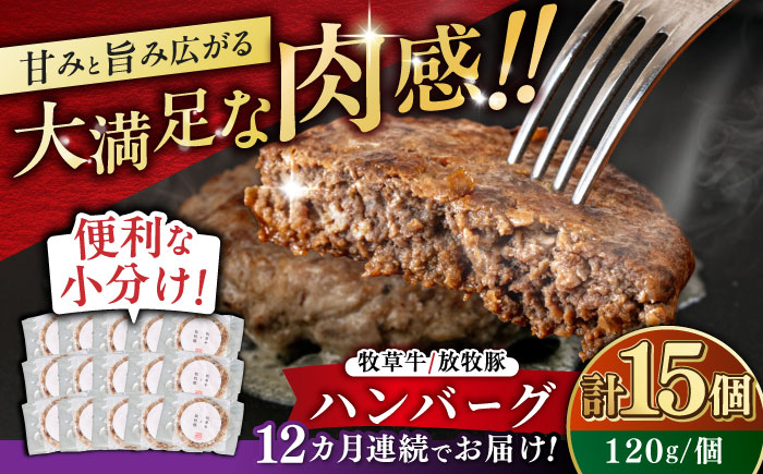 【全12回定期便】【牧草牛×放牧豚】ハンバーグ 15個 《厚真町》【GOODGOOD株式会社】 ハンバーグ 牛肉 豚肉 小分け 冷凍配送 北海道 [AXBP045]