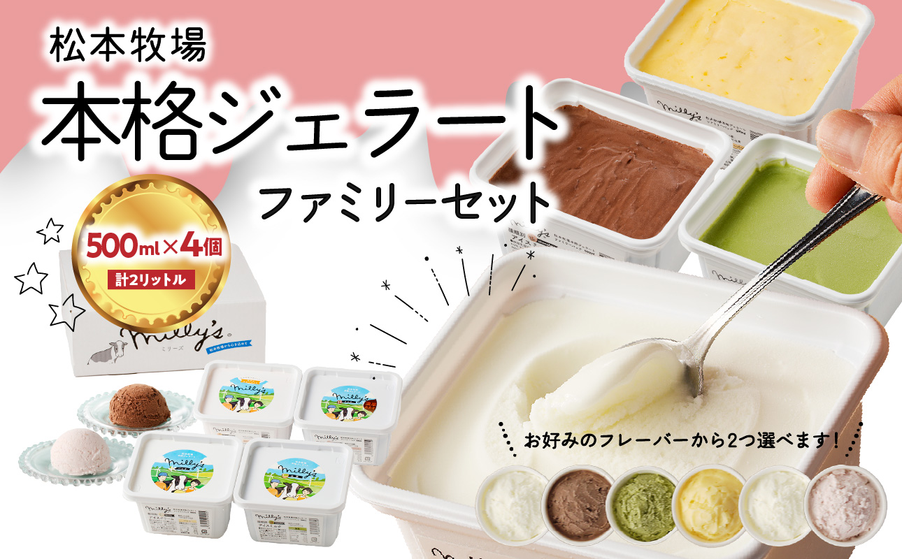 【お好みのフレーバー選べます！】松本牧場　本格ジェラートファミリーセット（500ml×4個　計2リットル）