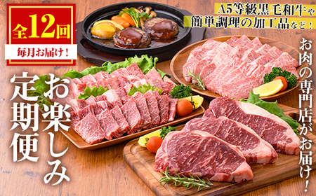 No.754 ＜定期便・全12回(連続)＞お楽しみ！大人気の返礼品定期便(全12回・ステーキ、ハンバーグ、ローストビーフなど)牛肉 黒毛和牛 スライス すき焼き しゃぶしゃぶ 焼肉 BBQ キャンプ 頒布会 A5 A5ランク 冷凍 ギフト 贈答【カミチク】