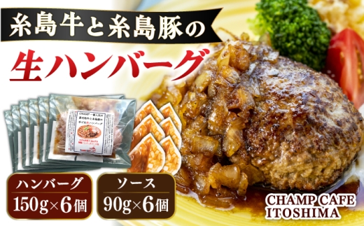 【ご家庭用】糸島牛と糸島豚の手ごね生ハンバーグ 特製角切りオニオンのハンバーグソース付！冷凍真空パック 150g×6個 個包装【CHAMP CAFE】 [AQE010]