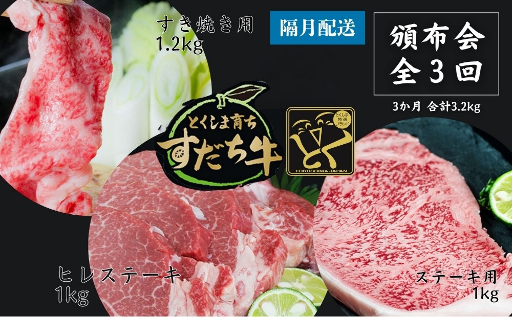
頒布会 隔月配送 3回お届け すだち牛 すき焼き用1.2kg ＆ ステーキ1kg & ヒレ1kg 合計3.2kg

