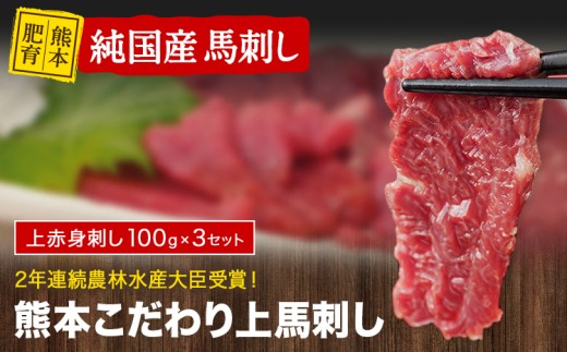 馬刺し 上赤身 ブロック 国産 熊本肥育 冷凍 生食用 たれ付き(10ml×3袋) 100g×3セット 肉 期間限定 絶品 牛肉よりヘルシー 馬肉 予約 平成27年28年 農林水産大臣賞受賞 熊本県山江村《7-14日以内に出荷予定(土日祝除く)》