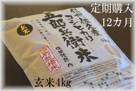 【令和7年産・玄米4kg×12カ月定期便】 特別栽培米 五郎兵衛米〈2025年9月中旬頃～順次発送〉 先行予約 新米 信州こしひかり コシヒカリ こしひかり 長野県 佐久市