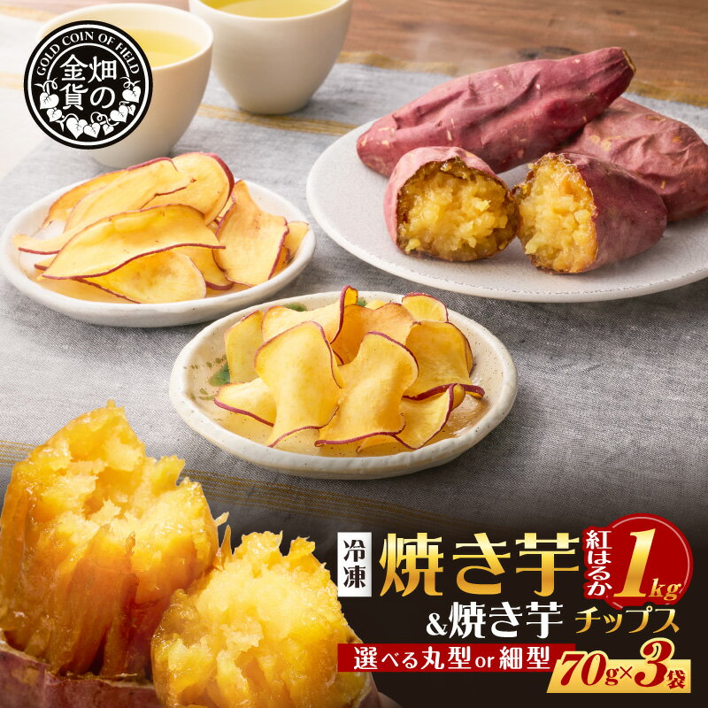 【ふるさと納税】＜選べる 丸型 or 細型＞ 焼き芋 紅はるか 1kg ＆ さつまいも チップス 3袋 塩分控えめ 焼芋 やきいも さつまいも 芋 スイーツ おやつ おいも おさつ ねっとり 甘芋 セット 畑の金貨 甘いも販売所 鹿児島市 おすすめ ランキング プレゼント ギフト