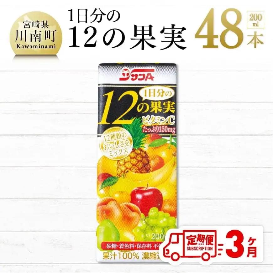 【3ケ月定期便】サンA 1日分の12の果実 200ml×48本セット 果汁100％ ミックスジュース フルーツ