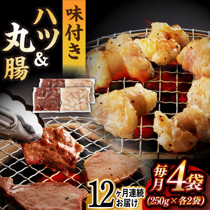 【ふるさと納税】【全12回定期便】【塩だれ】九州産和牛 ホルモン 2種 計1kg（ ハツ 250g×2袋・ 丸腸 250g×2袋） 長与町/岩永ホルモン [EAX145] 国産肉 ホルモン ミックス 小分け 味付き 冷凍 焼肉 焼き肉 和牛
