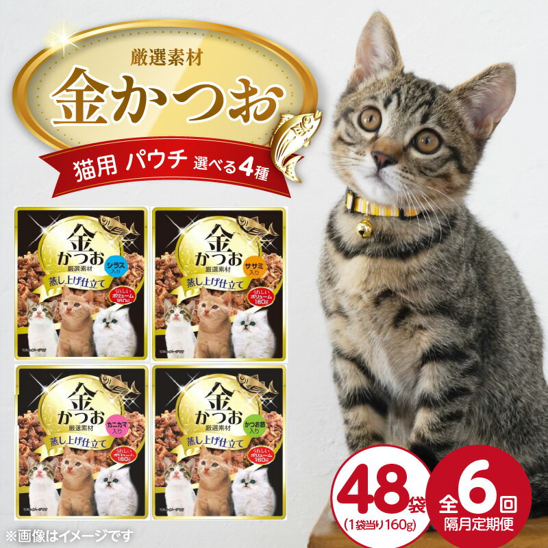 【ふるさと納税】定期便 隔月 全6回 金かつお 猫用 パウチ 160g × 48袋 × 6回 選べる 4種 シラス入り ササミ入り カニカマ入り かつお節入り 全年齢 対応 やさしい ゼリータイプ 水分補給 まぐろ かつお 健康維持 ウェットフード おやつ キャットフード 福岡県 久留米市