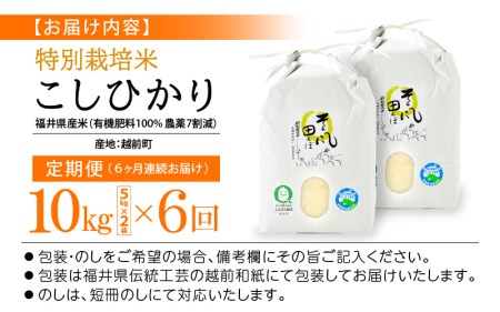新米 令和7年産 米 定期便 ≪6ヶ月連続お届け≫ 特別栽培米 コシヒカリ 10kg × 6回 福井県産米（有機肥料100% 農薬7割減）【人気品種 こしひかり 計60キロ】 [e10-o002]