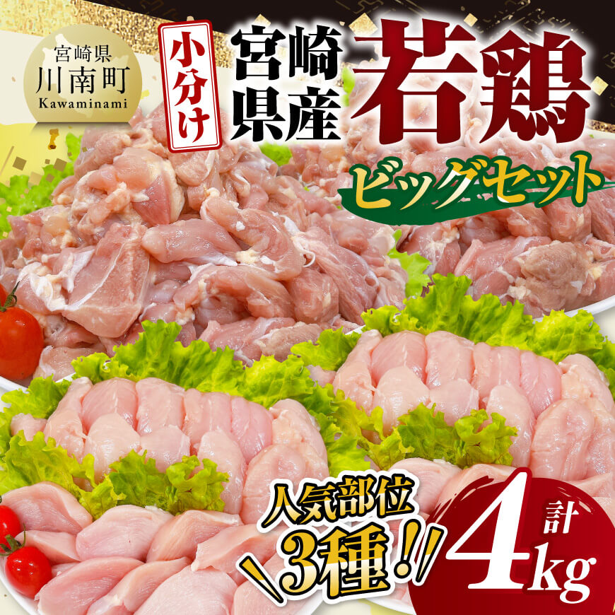 【 小分け 】 宮崎県産 若鶏 4kg ビッグ セット 　もも むね ささみ 鶏肉 [D11613]