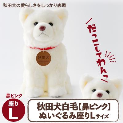 ふるさと納税 大館市 秋田犬白毛(鼻ピンク)ぬいぐるみ　座りLサイズ