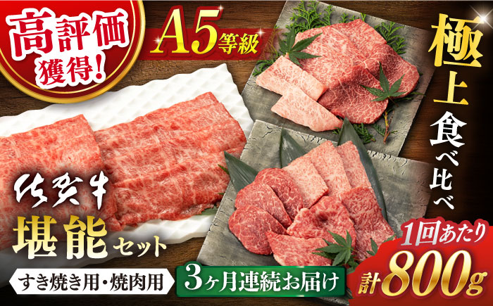 【3回定期便】佐賀牛 A5 堪能セット (しゃぶしゃぶ すき焼き用 ・ 焼肉用) 計800g(400g×2P)  / 佐賀牛 佐賀県産黒毛和牛 牛肉 食べくらべ【桑原畜産】 [NAB095]