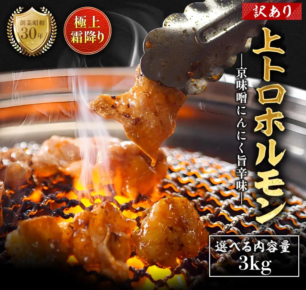 【訳あり】 極上霜降り 上トロホルモン 3kg 京味噌にんにく旨辛味 秘伝のタレ付き ホルモン