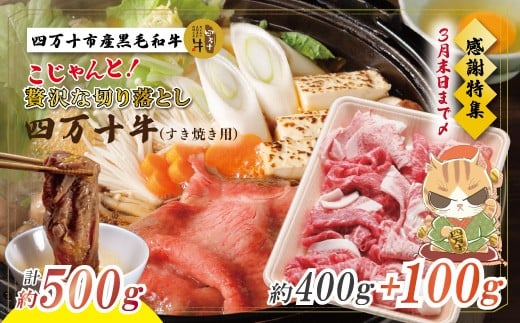 
                  【感謝・期間限定100g付き】＜100個限定＞ 牧場直送 四万十牛（メス牛）こじゃんと贅沢な切り落とし（すき焼用）約500g（400g＋100g） 国産 高知 しまんと 四万十 牛 四万十牛 メス牛 牧場直売 肉 牛肉 和牛 黒毛和牛 ご褒美 贅沢 ロース ローススライス 牛モモ 牛バラ 切り落とし すき焼き しゃぶしゃぶ 【2026年3月31日まで受付】 26-529Z
                