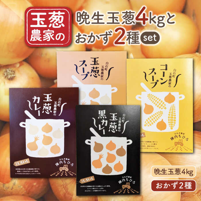 【ふるさと納税】【農家直送！】 晩生玉葱 4kg と 選べるおかず 2種 セット【玉葱農家 陣内ちひろ】玉葱 たまねぎ 新玉ねぎ タマネギ 惣菜 加工品 佐賀県 白石町 [IAO025]