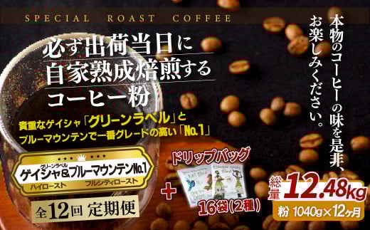 E301d 《定期便》必ず出荷日に自家熟成焙煎ゲイシャ粉(640g)･ブルーマウンテン№1粉(400g)＋ドリップバッグ16パック【12回お届け】