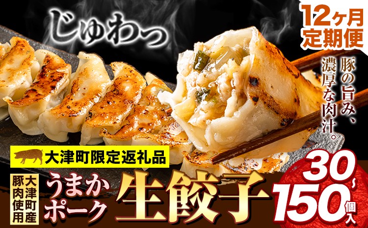 
                  【12ヶ月定期便】餃子 うまかポーク生餃子 タレ付き 大津町限定返礼品 冷凍餃子 ギョウザ 大津町産豚肉使用 九州産キャベツ使用（大津町産含む）皮モチモチ 肉汁溢れる ぎょうざ 30個 60個 90個 150個 《お申込み月の翌月から出荷開始》
                