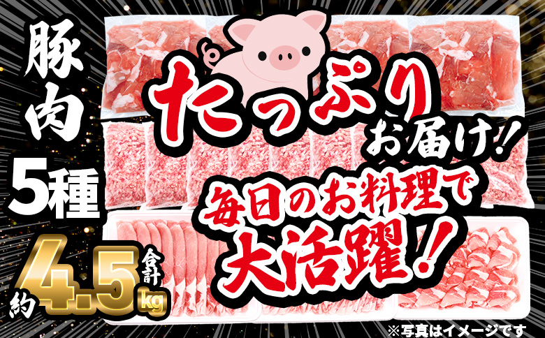 ＜【生活応援】宮崎県産 味彩豚 豚肉バラエティセット 約4.5kg＞ ぶた ブタ 切り落とし 豚こま ローススライス 生姜焼き しゃぶしゃぶ 豚ミンチ ハンバーグ 野菜炒め 餃子 煮込み 炒め物 たっ