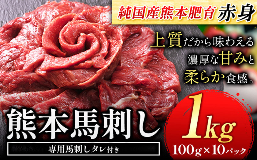 
            馬刺し 赤身馬刺し 1kg 馬刺し 約100g×10ブロック (タレ5ml×10袋) 純国産 熊本肥育 肉 生食用 冷凍《30日以内に出荷予定(土日祝除く)》 馬肉 赤身 タレ付き 送料無料
          