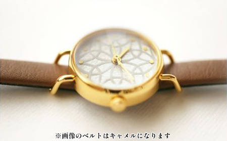 すみだ北斎美術館オリジナル 北斎 新形小紋帳 輪ちがい麻の葉 腕時計レディース ゴールド 白