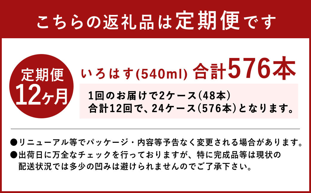 【定期便12ヶ月】 い・ろ・は・す（いろはす）阿蘇の天然水 540mlPET 計576本（24本×2ケース×12回）