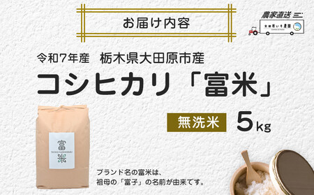 【先行予約】≪10月中旬以降発送≫令和7年産 栃木県大田原市産コシヒカリ「富米」 無洗米　5キロ ｜米 お米 新米 無洗米 コメ こしひかり 5kg