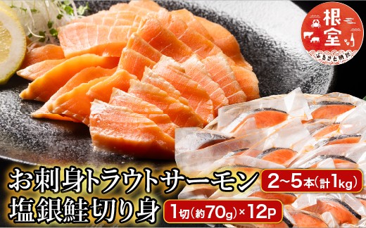 
            B-09094 お刺身トラウトサーモン2～5本(計1kg)＆塩銀鮭切り身1切(約70g)×12P
          