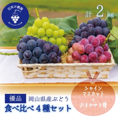 岡山　花笑み農園のブドウ『食べ比べ4種』シャイン入り2kg(4房)優品　4M-2優【9月中旬～出荷】【配送不可地域：離島・北海道・沖縄県】