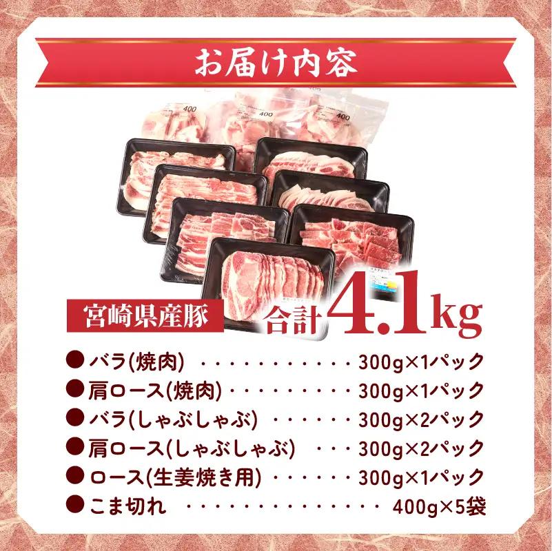 数量限定 宮崎県産 豚肉 バラエティー セット 合計4.1kg 6種 肉 豚肉 国産 食品 小分け 豚バラ ロース 小間切れ こま切れ 食べ比べ 焼肉 しゃぶしゃぶ 生姜焼き 炒め物 豚汁 おかず お