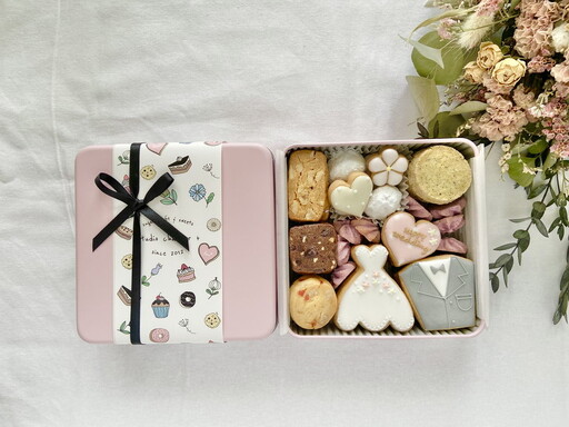 【studio chaleur+】ウェディングクッキー缶 |クッキー クッキー缶 クッキーボックス クッキーBOX cookie お菓子 缶 詰め合わせ アソート スイーツ 洋菓子 結婚祝い お祝い 