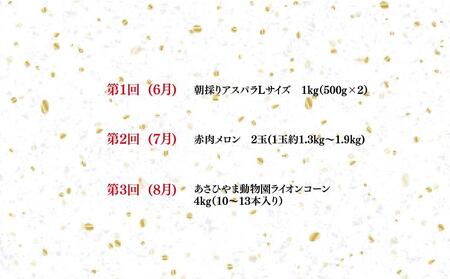令和6年6月発送開始 かに太郎定期便Cセット（アスパラ、赤肉メロン、ライオンコーン）
