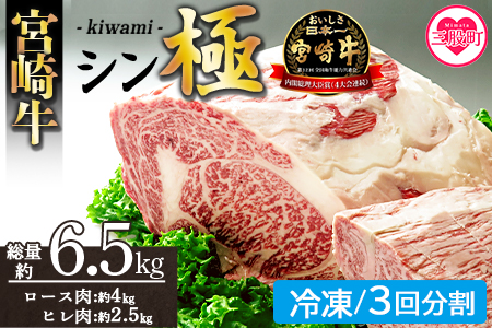 ＜宮崎牛『シン極(きわみ)』ロース肉約4kg、ヒレ肉約2.5kg (冷凍・3回配送)＞ 国産ブランド牛 牛肉 おすすめ 黒毛和牛 国産牛肉 和牛 人気 コスパ 定期便 量が多い 焼肉用 ステーキ 切り落とし すき焼き しゃぶしゃぶ【MI635-nk-i-03】【中村食肉】