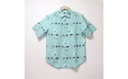 CLOFT 麻100％半袖プリントシャツ”たまにはぼっーとしようよ！”（C/＃23 アクアブルー） L 0139-028-S07-5