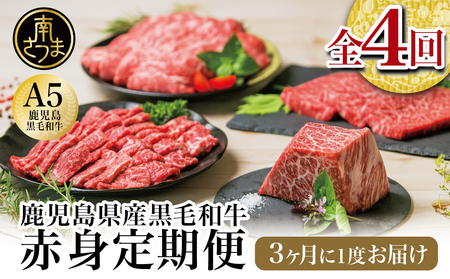 【特撰定期便 全4回】 A5等級 鹿児島県産 黒毛和牛 赤身 定期便 赤身肉 ヘルシー ステーキ すき焼き しゃぶしゃぶ 焼肉 ローストビーフ ブロック お肉 国産 牛肉 冷凍 定期便 カミチク