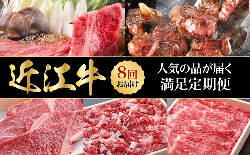 
                  【人気返礼品8回】近江牛満足定期便  希少部位 ランプ肉 ステーキ 切り落とし ロース肉 焼肉用 霜降り 特選 モモ肉 ブロック しゃぶしゃぶ用 スライス 牛肉 産地直送 滋賀県 守山市 AJ-T003
                