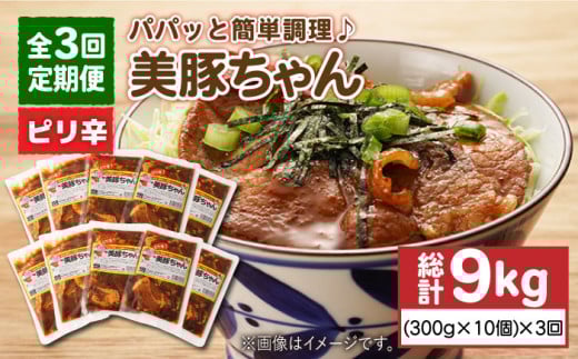【全3回定期便】 美豚ちゃん ピリ辛 300g×10個セット 【長崎フードサービス】 [PEL018] 簡単 調理 豚肉 豚 レトルト パック 小分け 国産 焼肉 加工 肉