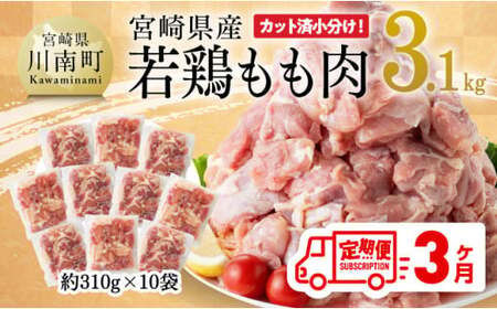 【3ヶ月定期便】宮崎県産 若鶏 もも肉 3.1kg 【 鶏肉 もも肉 肉 小分け からあげ チキン南蛮 国産 九州産 宮崎県産  送料無料 】