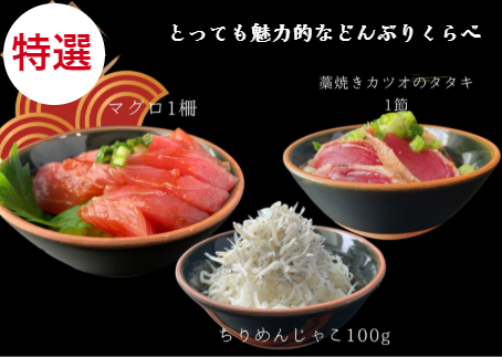 【四国一小さなまち】 カネアリ水産の ≪丼くらべ≫３種セット（ちりめんじゃこ・マグロ・カツオ）〈冷凍〉