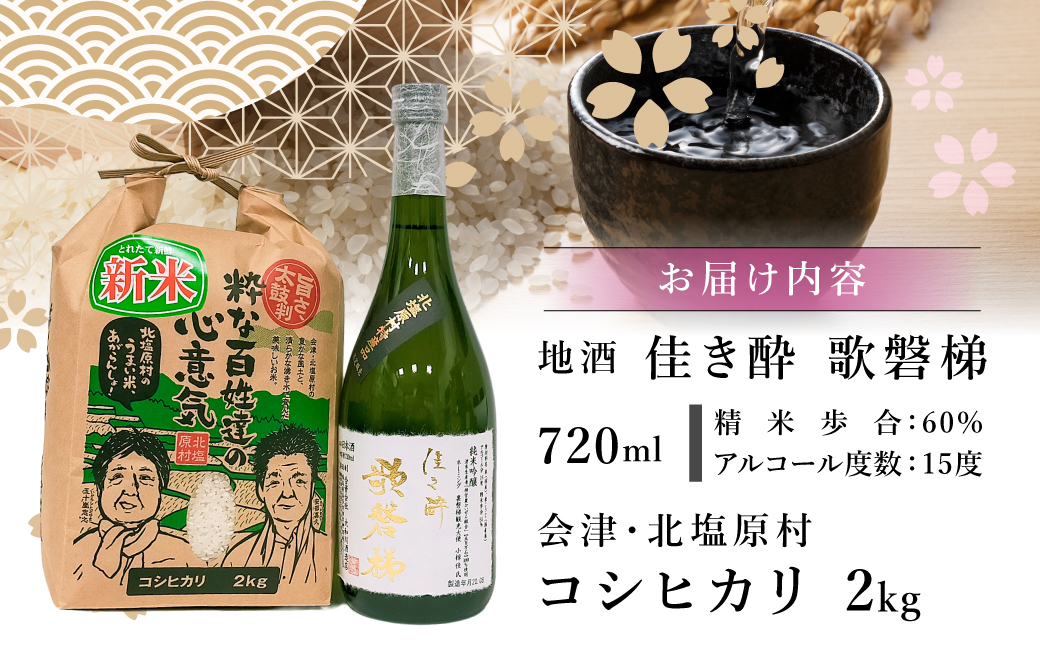 【3ヵ月定期便】地酒「佳き酔 歌磐梯」とお米セット（会津・北塩原村産コシヒカリ2kg） KBM018